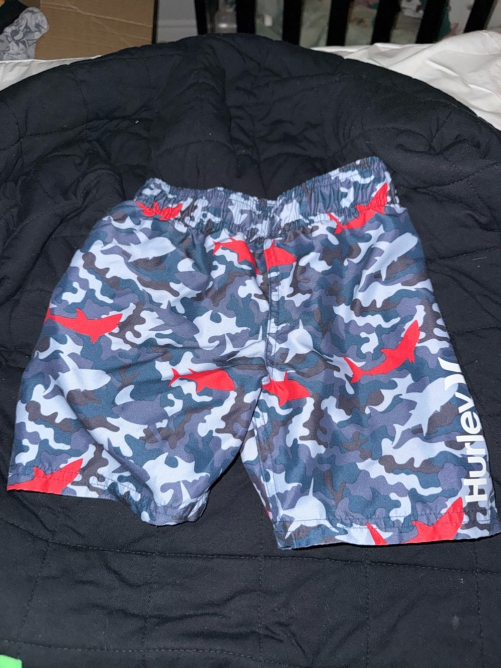 Hurley Boys Blue & Gray Camo Swim Shorts with Red Shark Print